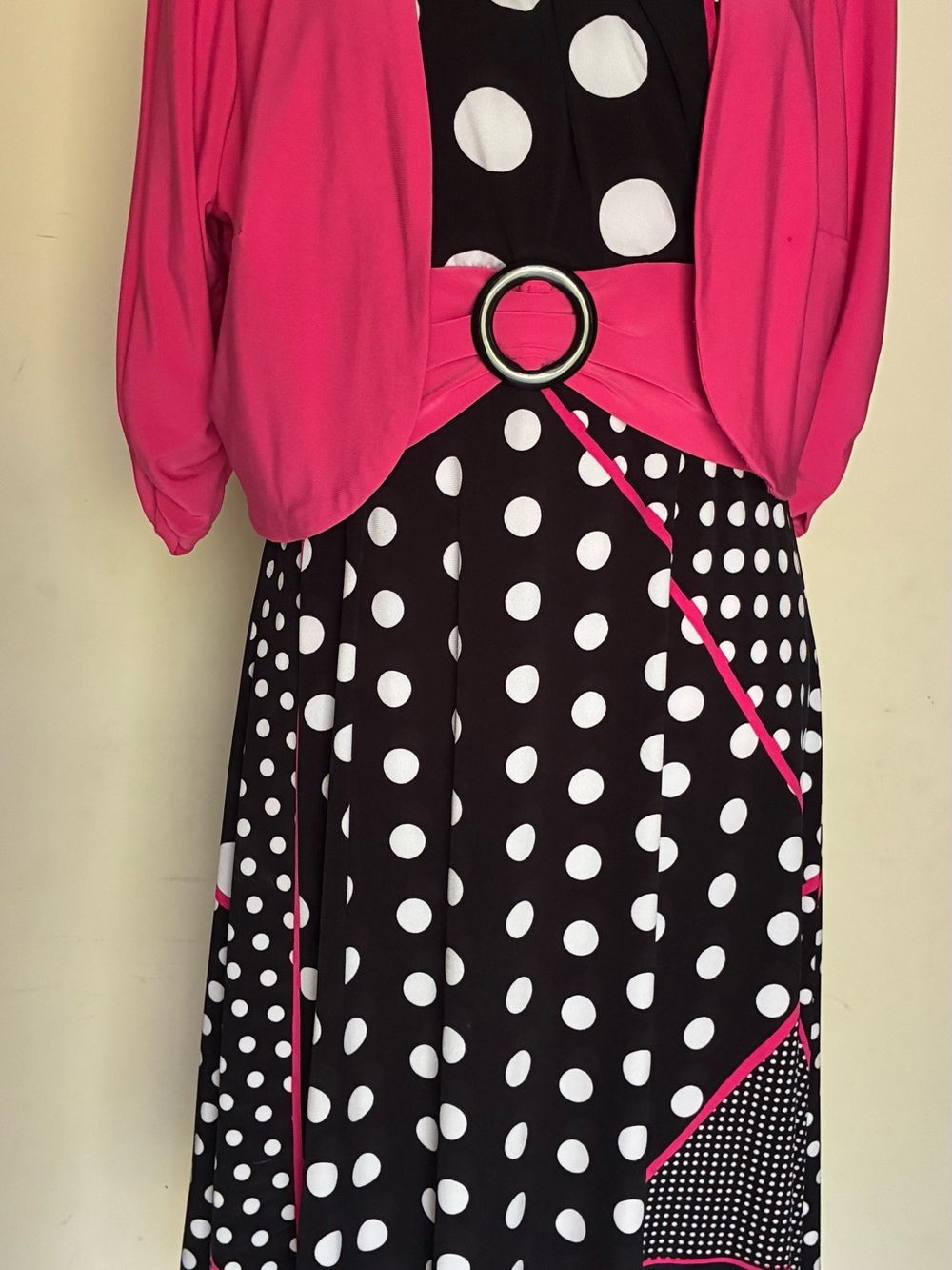 Perceptions New York 2-Piece Polka Dot Dress & Pink Shrug Jacket Set Sz 10 - Picture 2 of 8